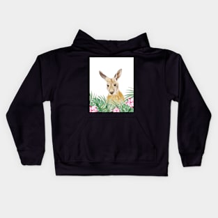 Kangaroo, Tropical leaves and flowers, Animal, Nursery, Trendy decor, Interior Art Print Kids Hoodie